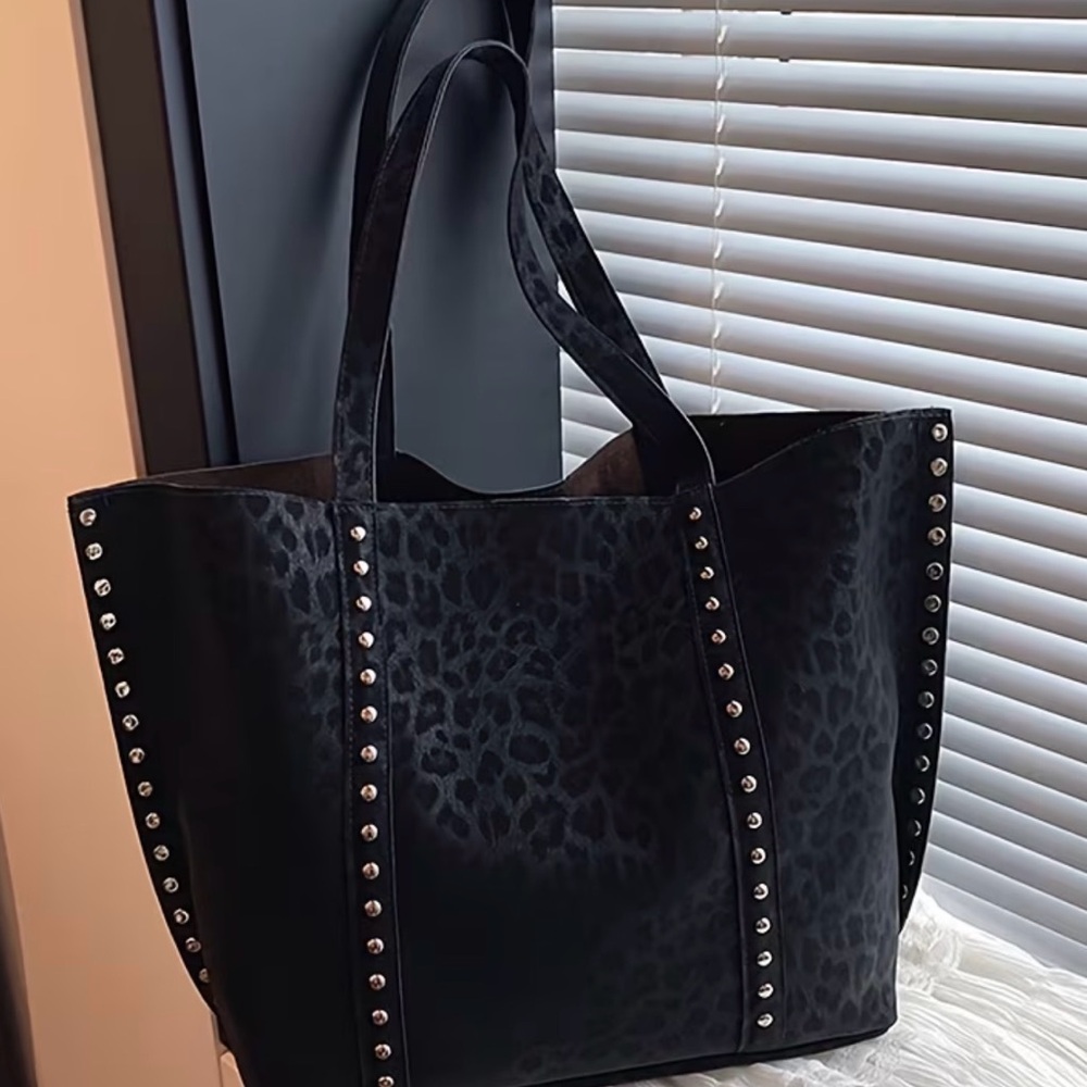 Black Leopard-Print Studded Tote — Designer-Inspired Everyday Bag